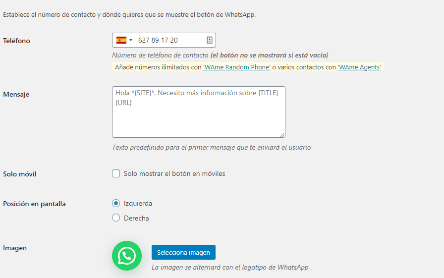 wAme chat wordpress whatsapp configuracion