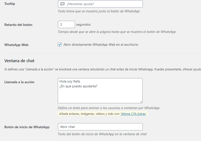 wAme chat wordpress whatsapp configuracion
